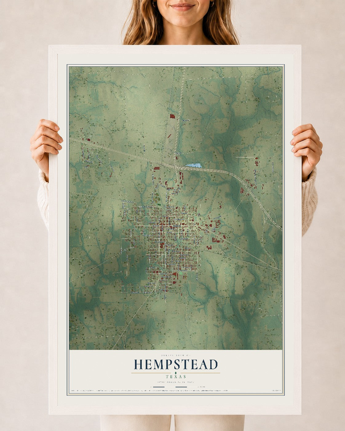 Map of Hempstead, Texas, 24 x 36 inch print in a white wood frame