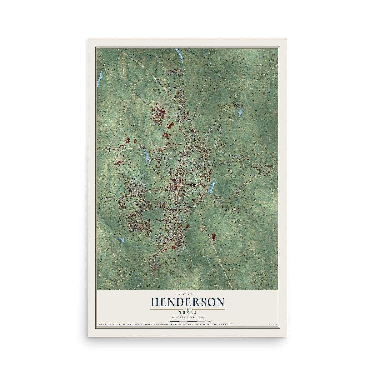 Map of Henderson, Texas, 12 x 18 inch unframed archival matte print