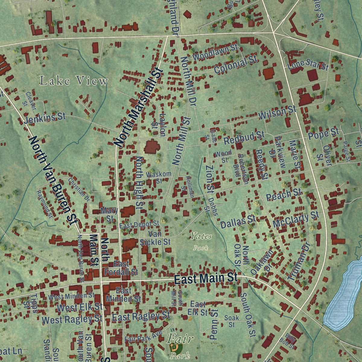Close-up of the map of Henderson, Texas print showing street and building detail