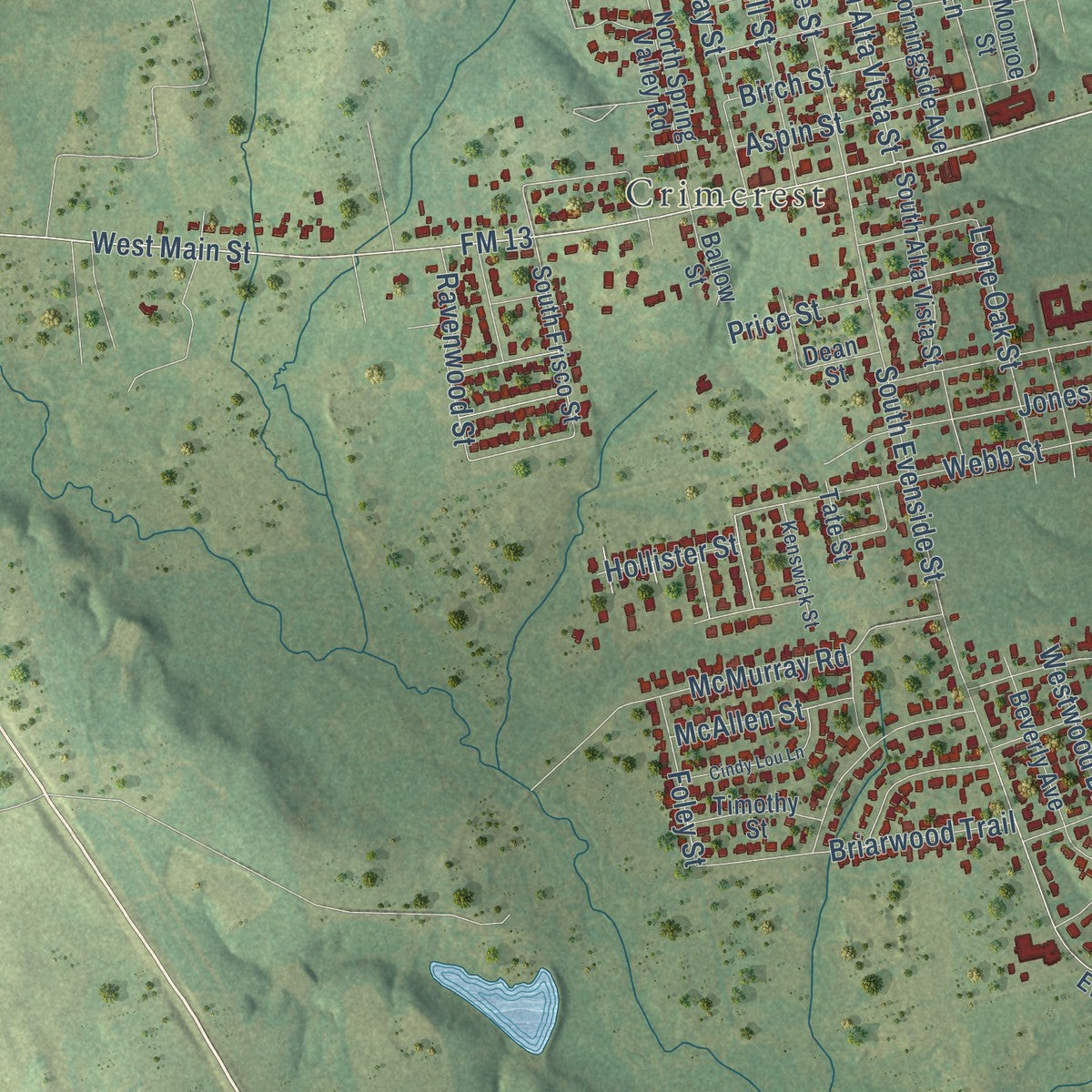 Second close-up of the map of Henderson, Texas print showing more streets and buildings