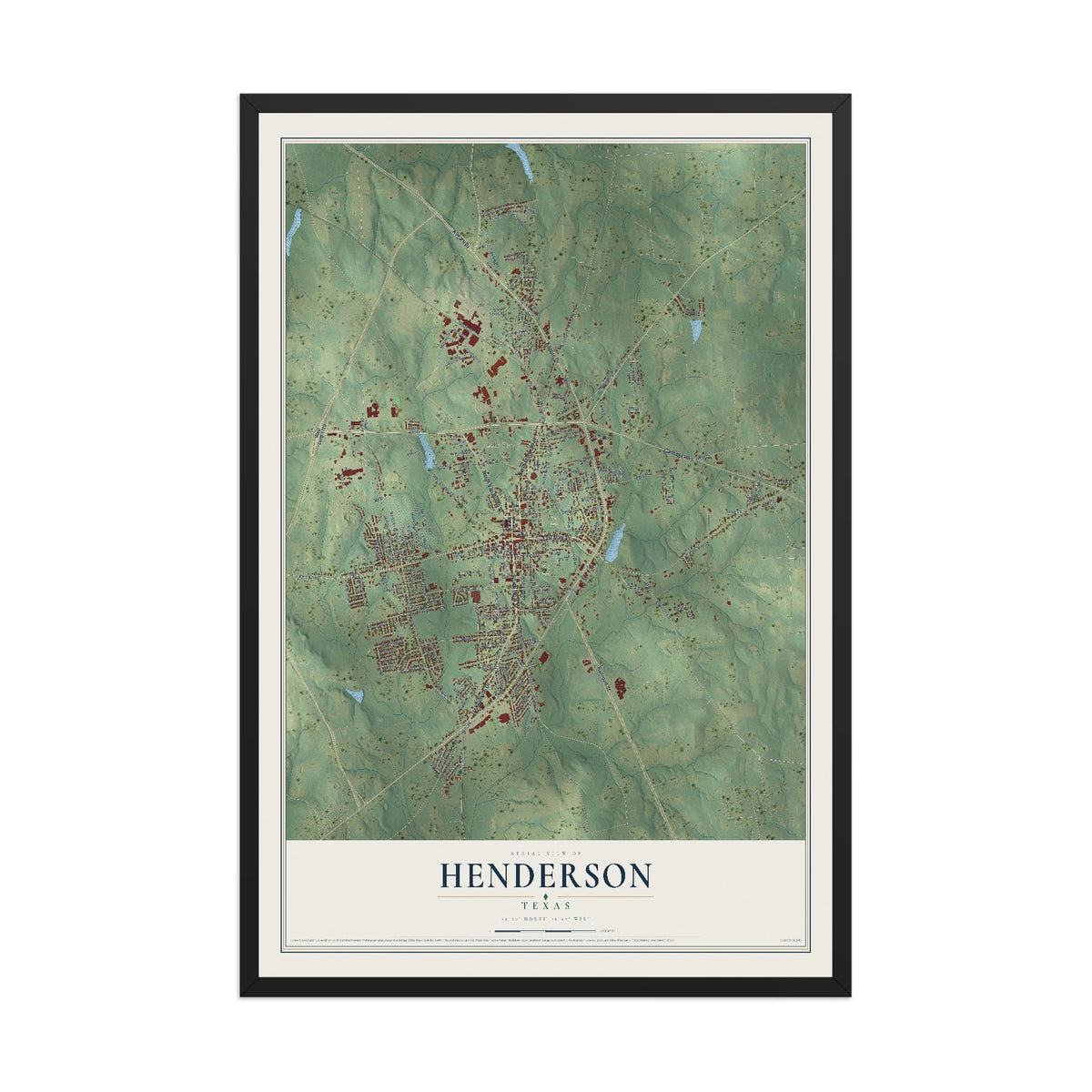 Map of Henderson, Texas, 12 x 18 inch print in a black wood frame