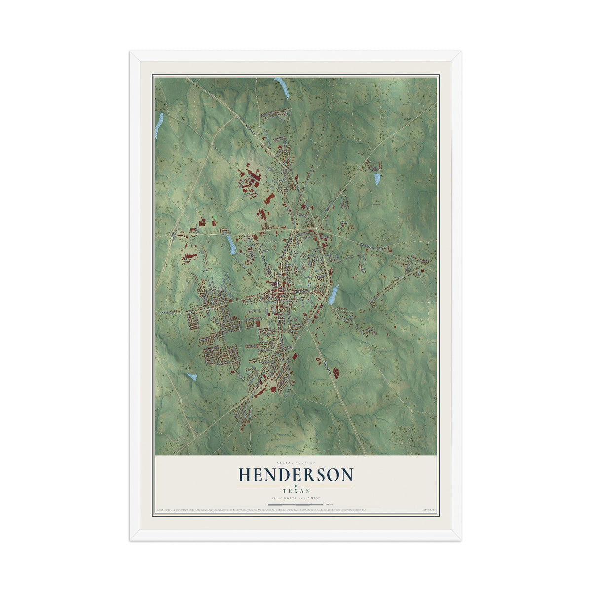 Map of Henderson, Texas, 12 x 18 inch print in a white wood frame