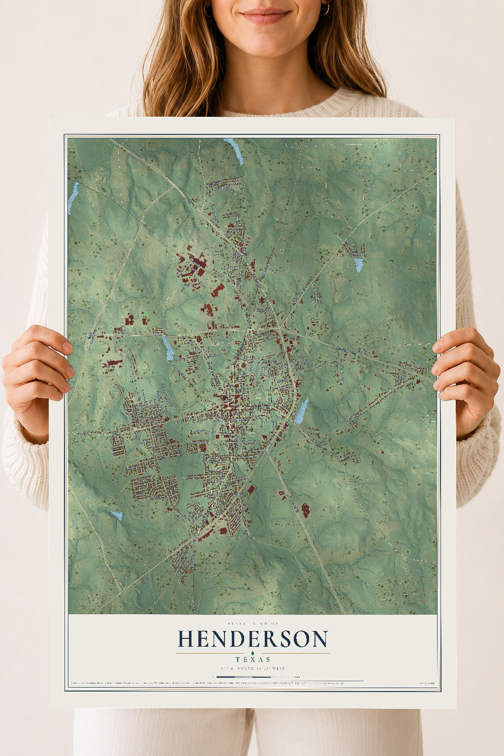 Map of Henderson, Texas, 18 x 24 inch unframed archival matte print