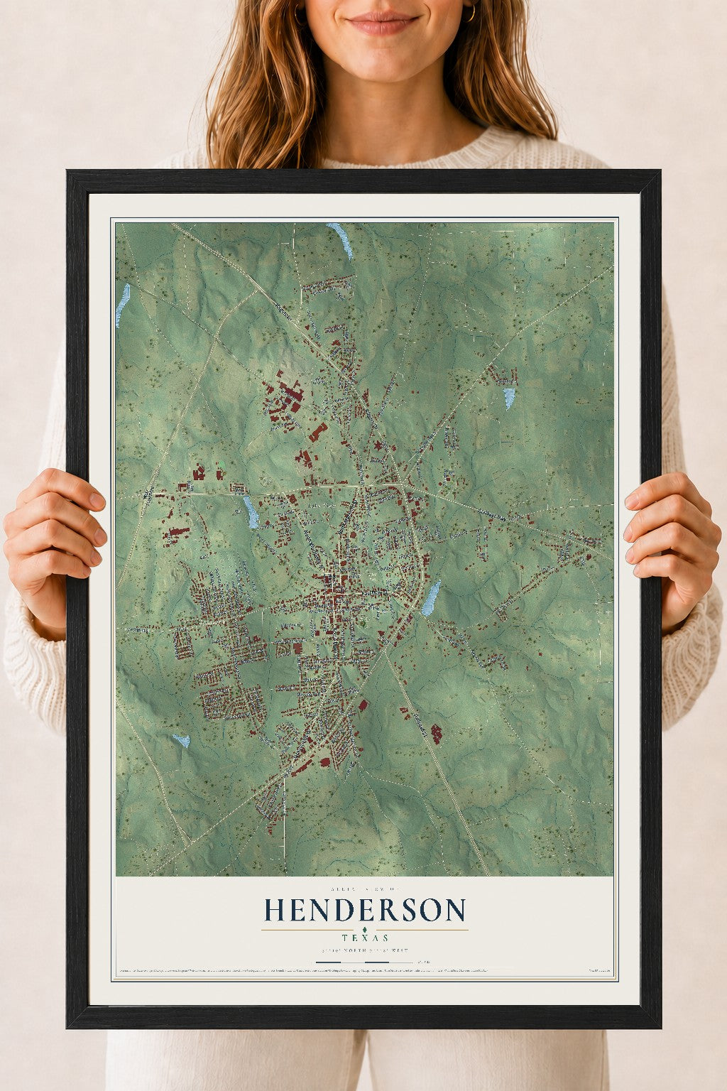 Map of Henderson, Texas, 18 x 24 inch print in a black wood frame