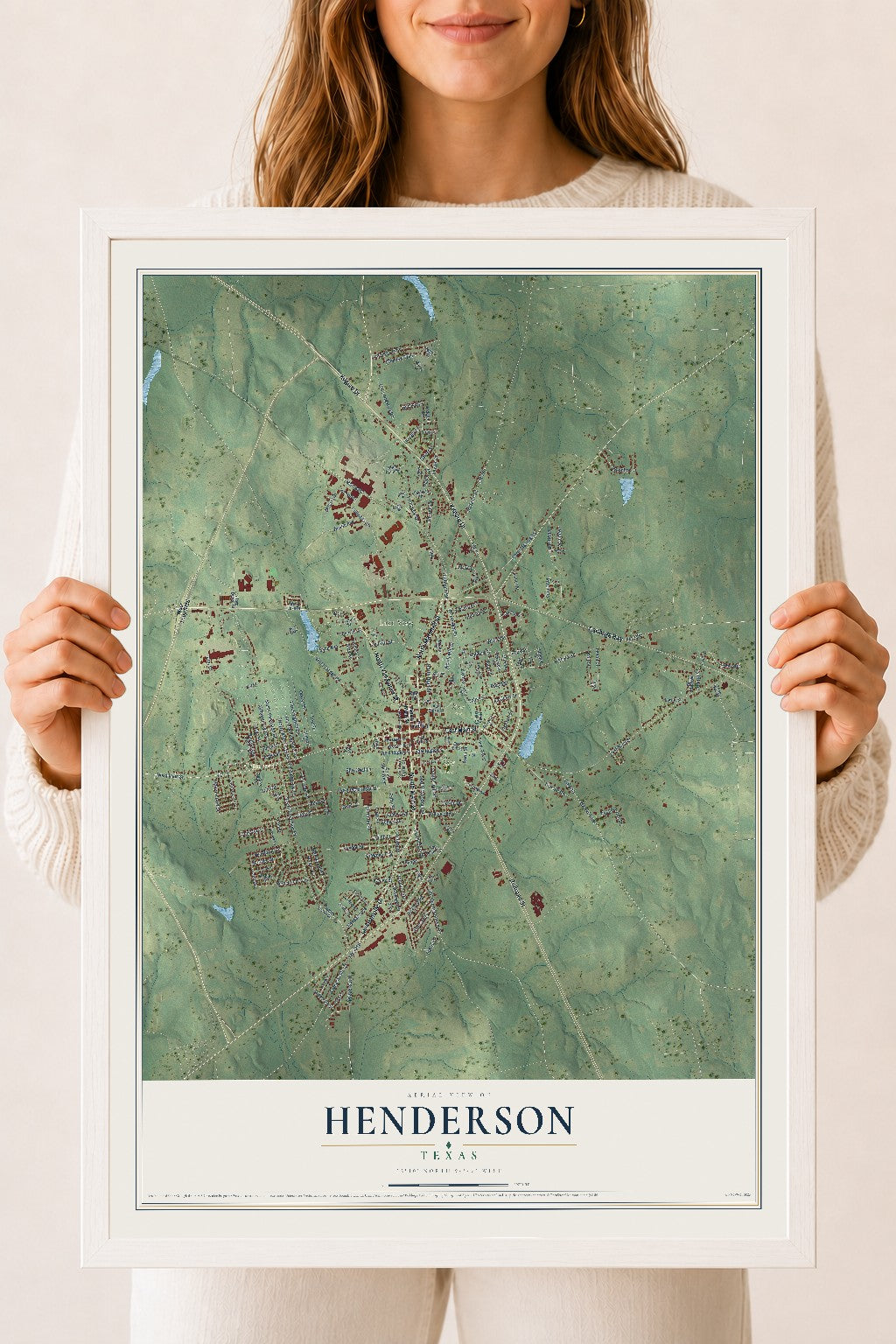 Map of Henderson, Texas, 18 x 24 inch print in a white wood frame