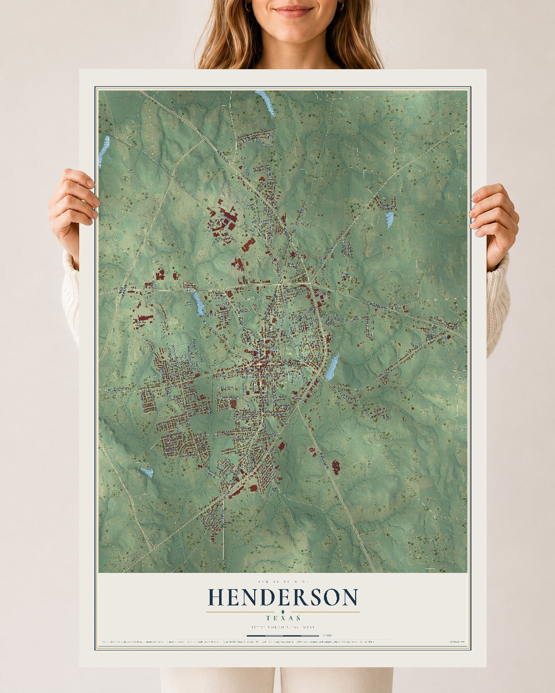 Map of Henderson, Texas, 24 x 36 inch unframed archival matte print