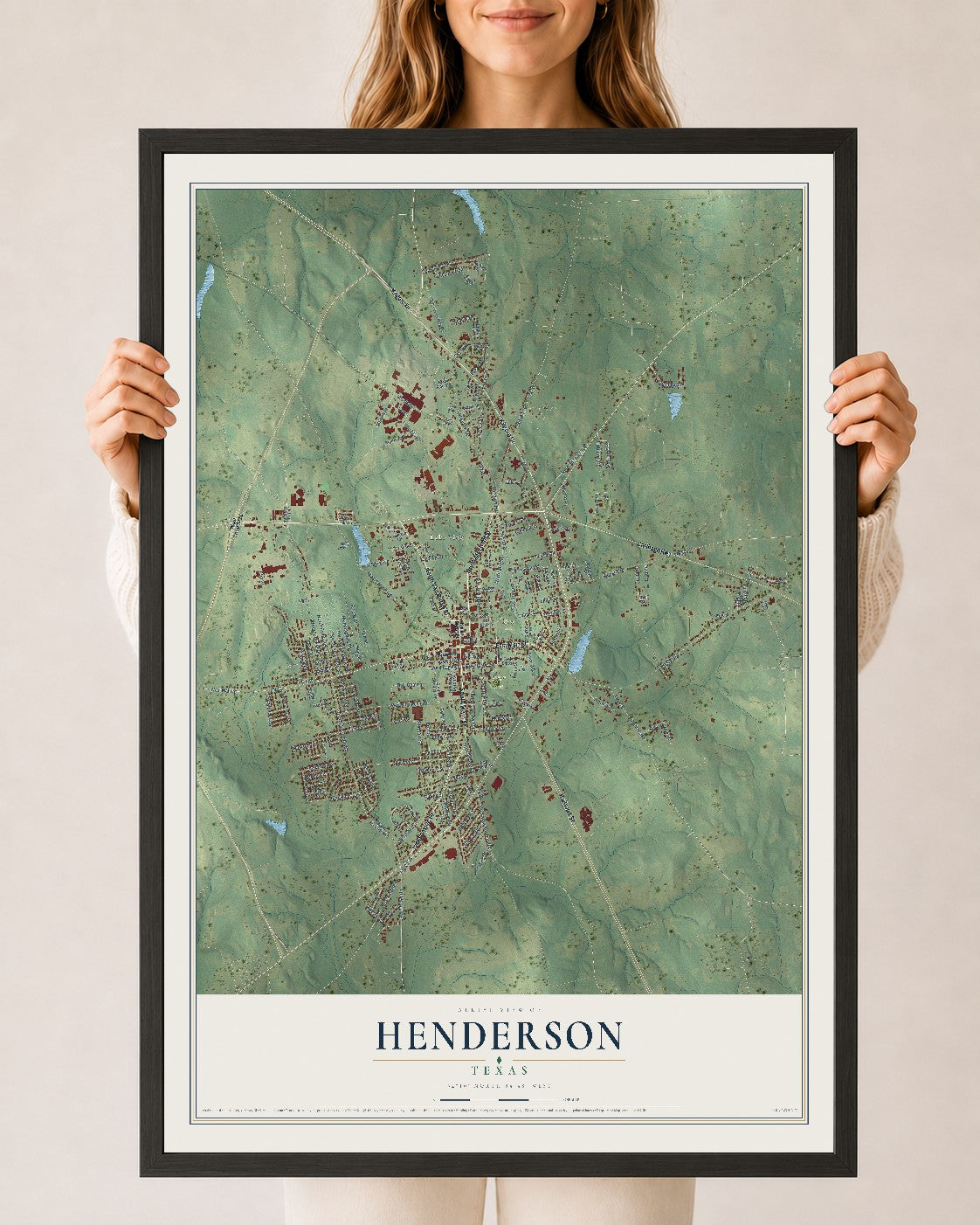 Map of Henderson, Texas, 24 x 36 inch print in a black wood frame