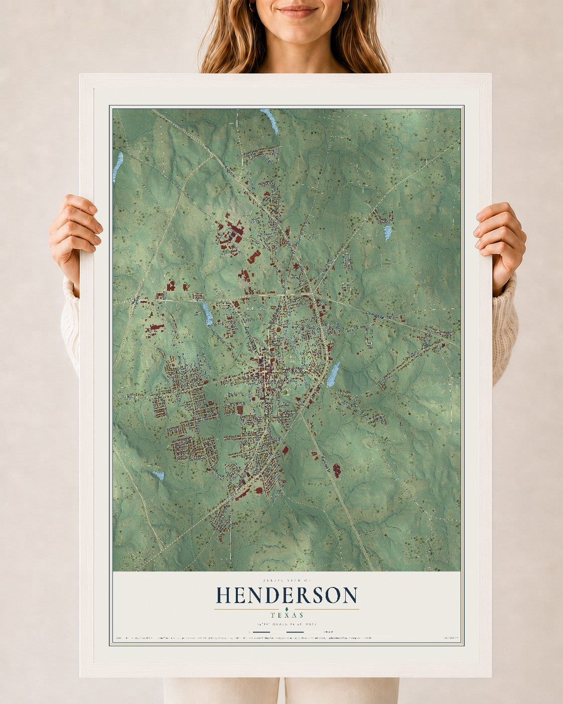Map of Henderson, Texas, 24 x 36 inch print in a white wood frame