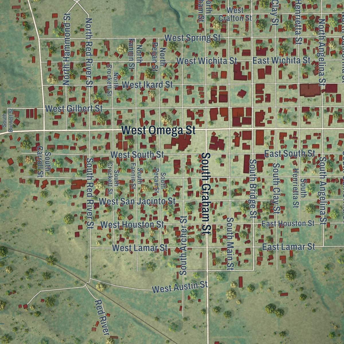Close-up of the map of Henrietta, Texas print showing street and building detail