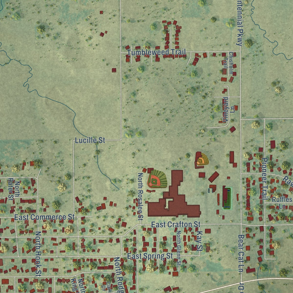 Second close-up of the map of Henrietta, Texas print showing more streets and buildings