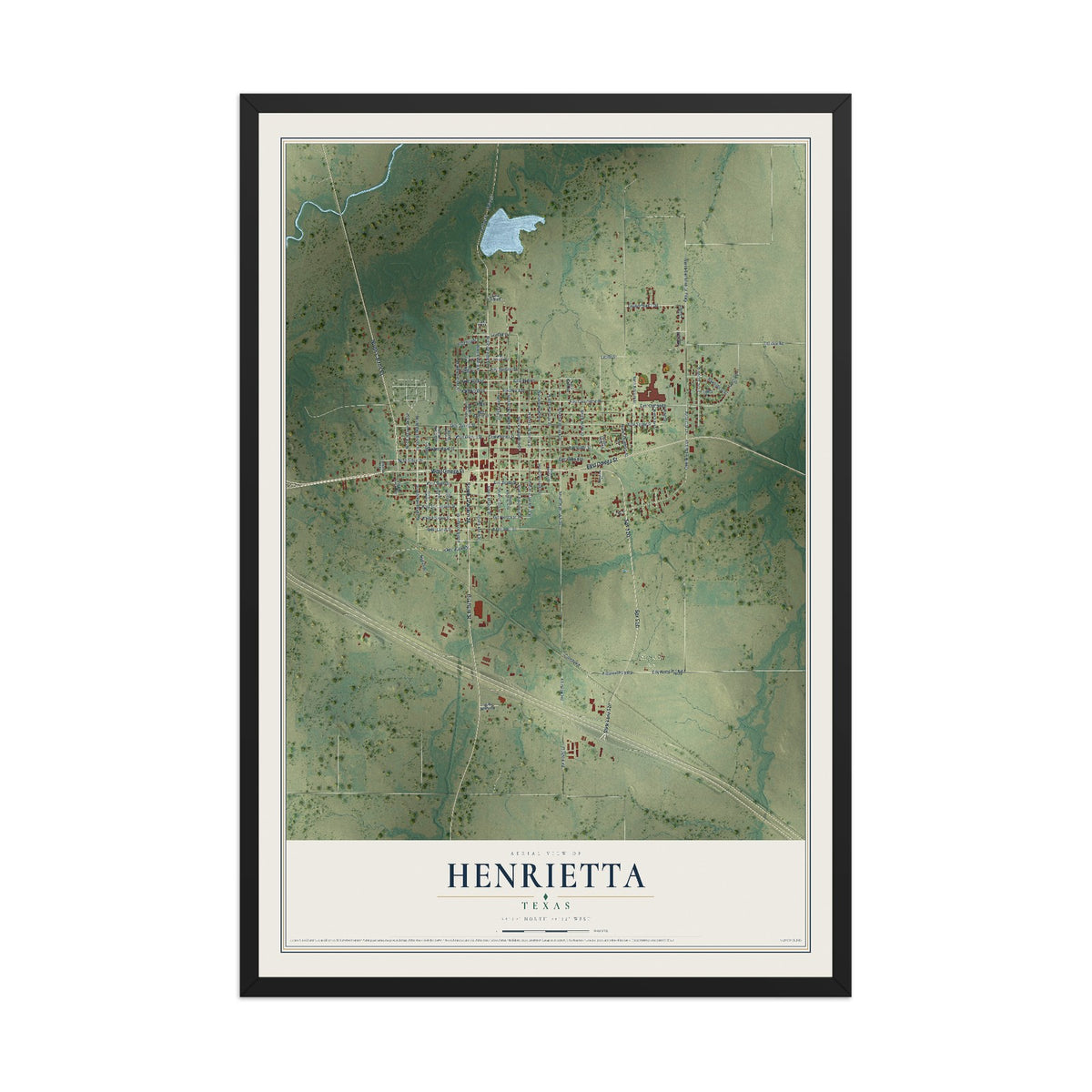 Map of Henrietta, Texas, 12 x 18 inch print in a black wood frame