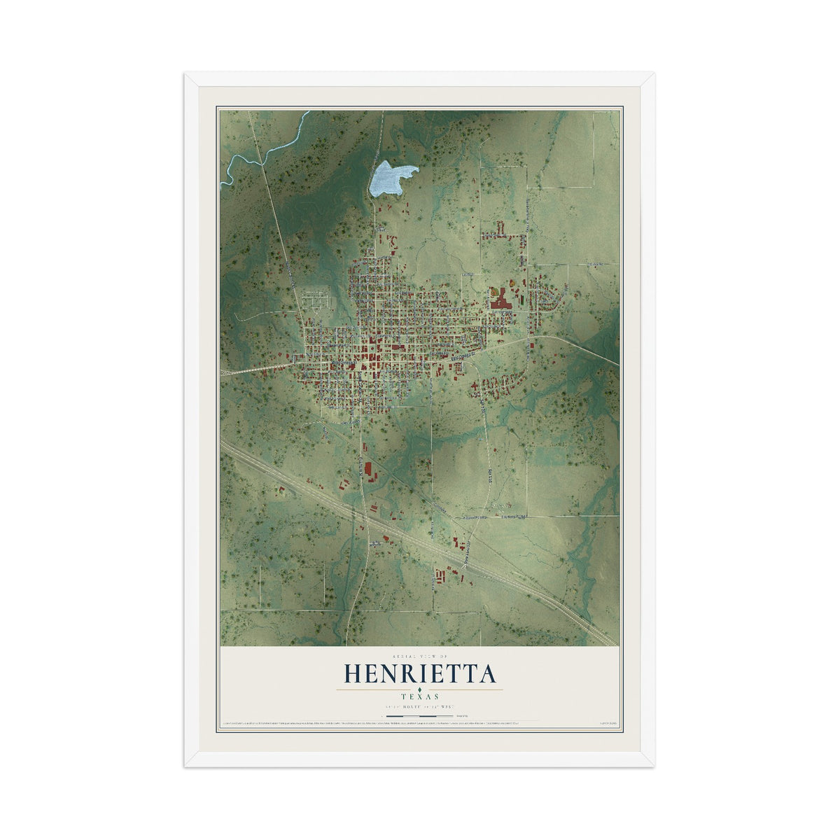 Map of Henrietta, Texas, 12 x 18 inch print in a white wood frame