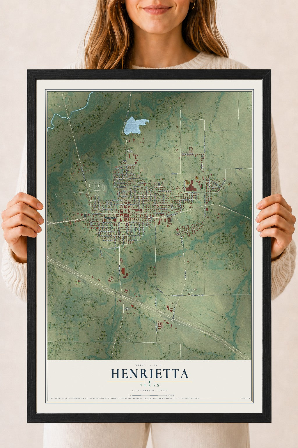 Map of Henrietta, Texas, 18 x 24 inch print in a black wood frame