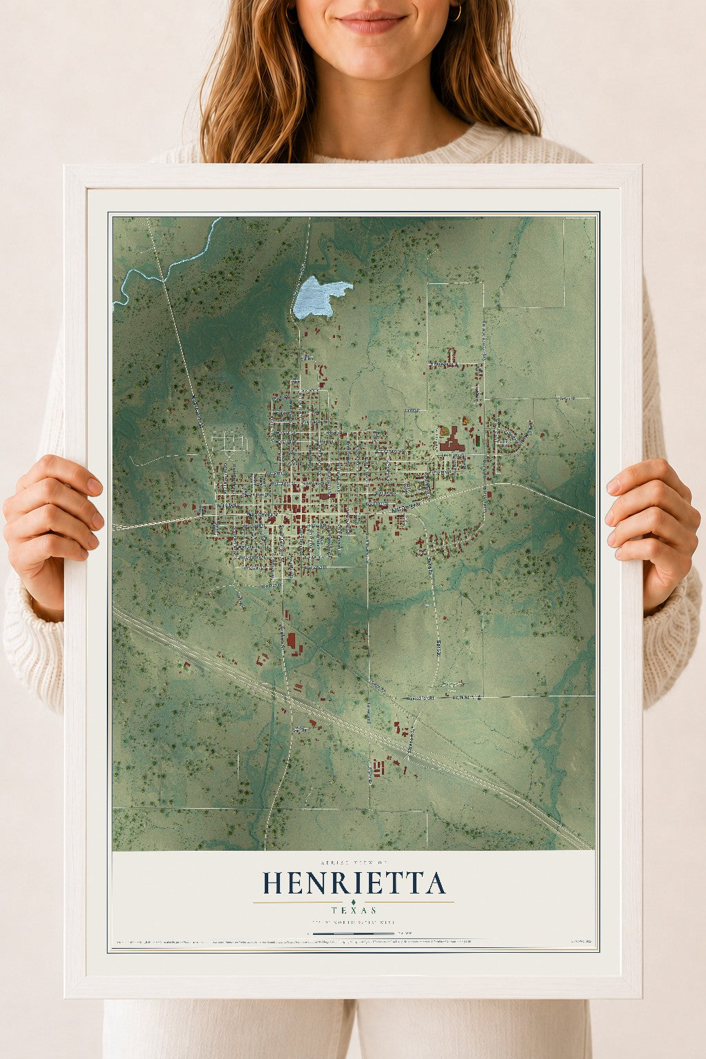 Map of Henrietta, Texas, 18 x 24 inch print in a white wood frame