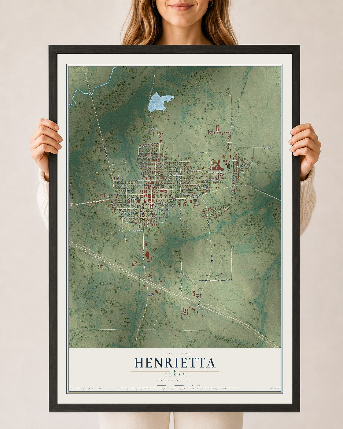 Map of Henrietta, Texas, 24 x 36 inch print in a black wood frame
