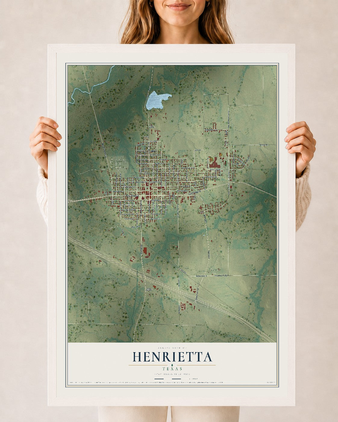 Map of Henrietta, Texas, 24 x 36 inch print in a white wood frame