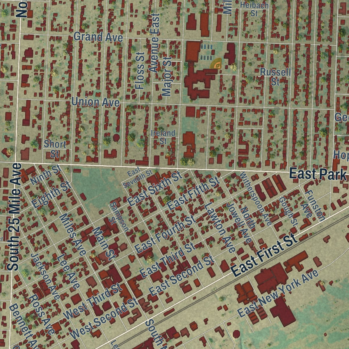 Close-up of the map of Hereford, Texas print showing street and building detail