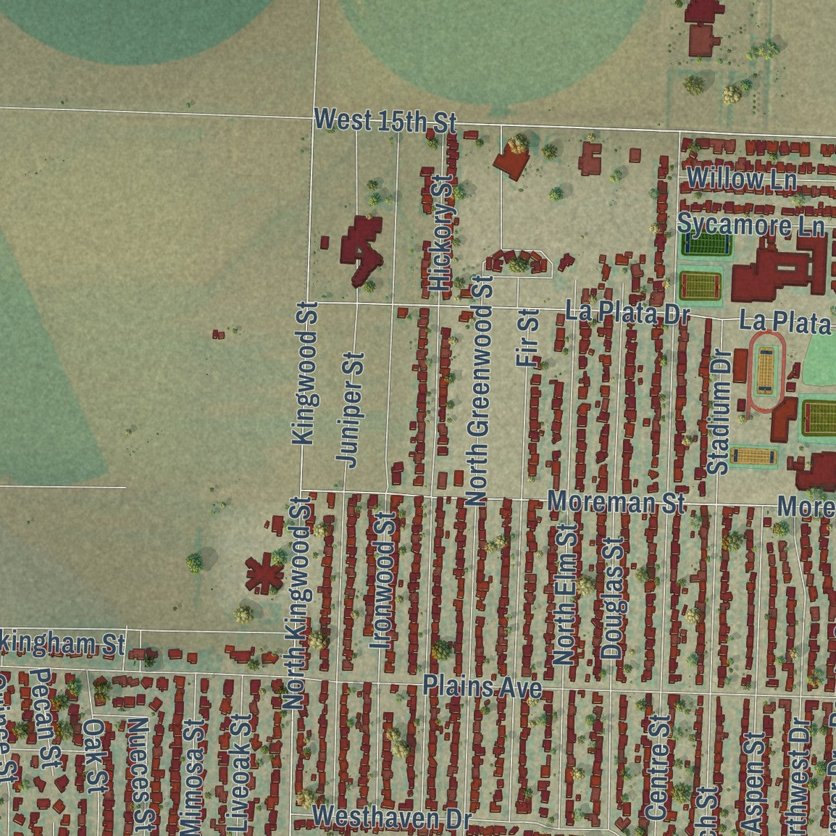 Second close-up of the map of Hereford, Texas print showing more streets and buildings