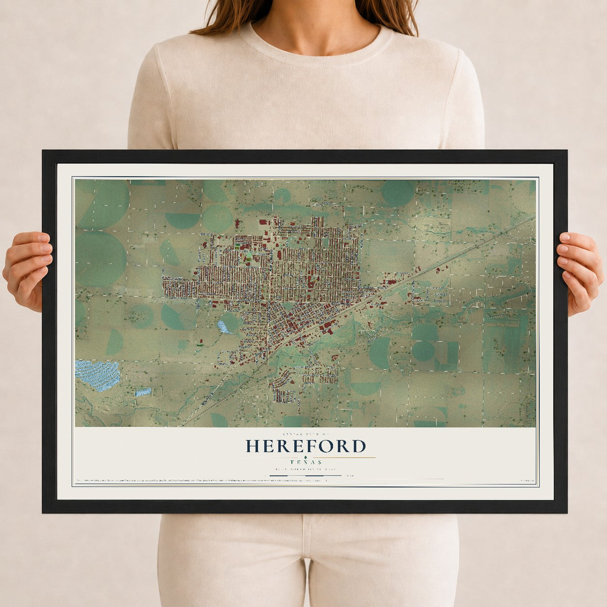 Map of Hereford, Texas, 12 x 18 inch print in a black wood frame