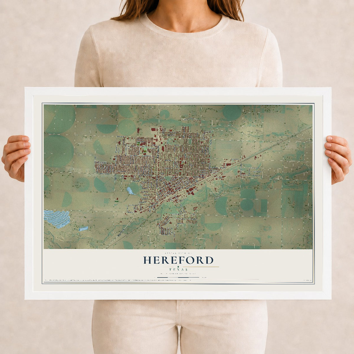 Map of Hereford, Texas, 12 x 18 inch print in a white wood frame