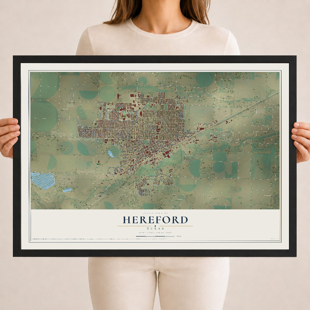 Map of Hereford, Texas, 18 x 24 inch print in a black wood frame