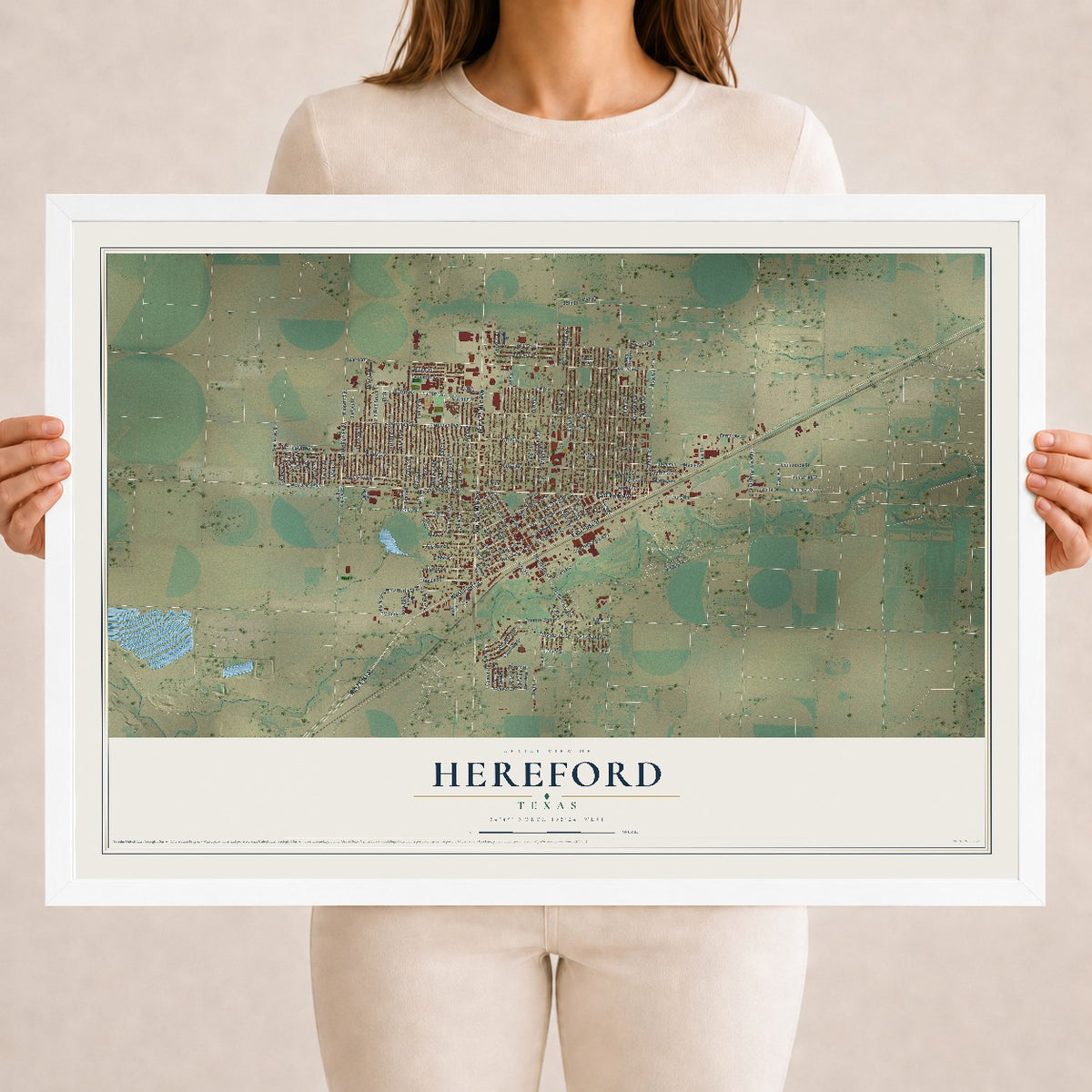 Map of Hereford, Texas, 18 x 24 inch print in a white wood frame