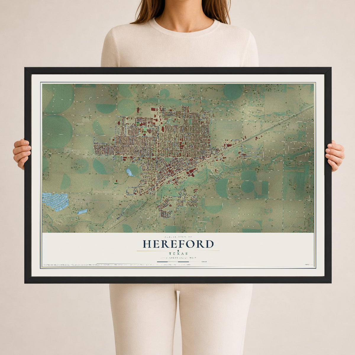 Map of Hereford, Texas, 24 x 36 inch print in a black wood frame