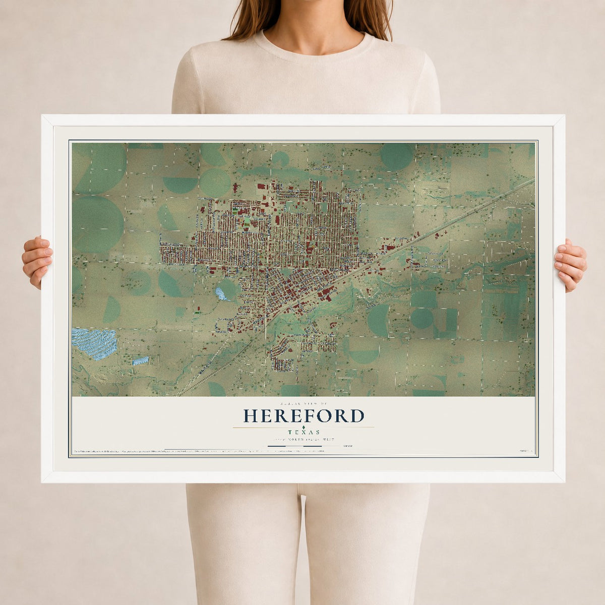 Map of Hereford, Texas, 24 x 36 inch print in a white wood frame