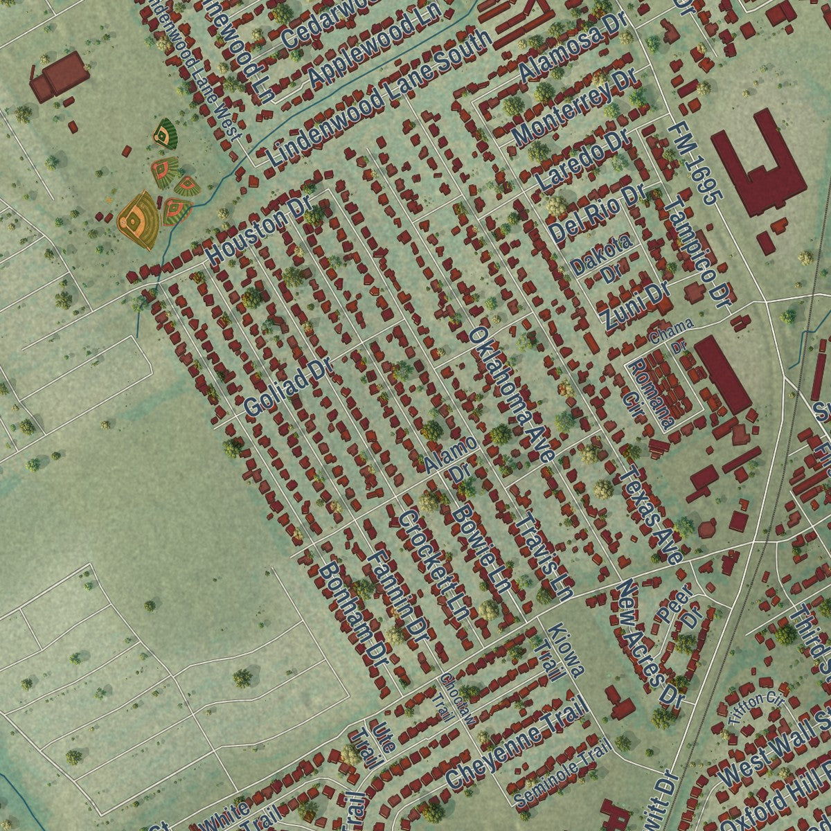 Close-up of the map of Hewitt, Texas print showing street and building detail