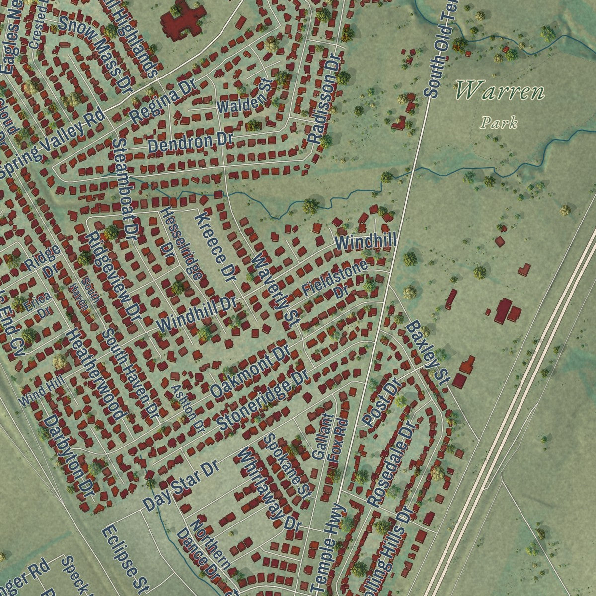 Second close-up of the map of Hewitt, Texas print showing more streets and buildings