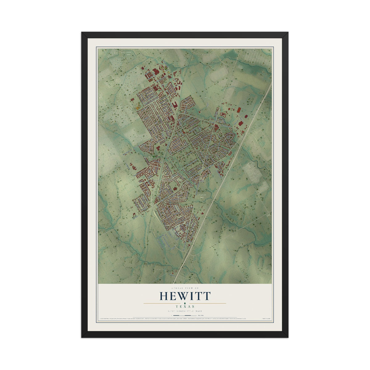 Map of Hewitt, Texas, 12 x 18 inch print in a black wood frame