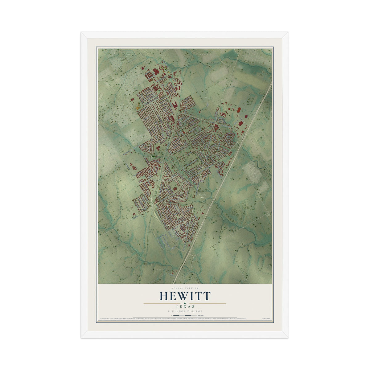 Map of Hewitt, Texas, 12 x 18 inch print in a white wood frame