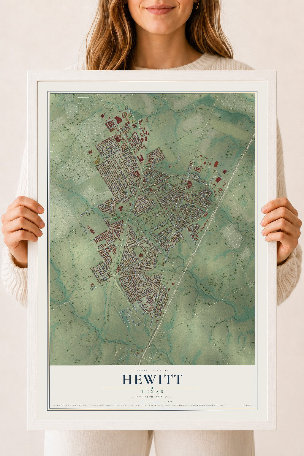 Map of Hewitt, Texas, 18 x 24 inch print in a white wood frame