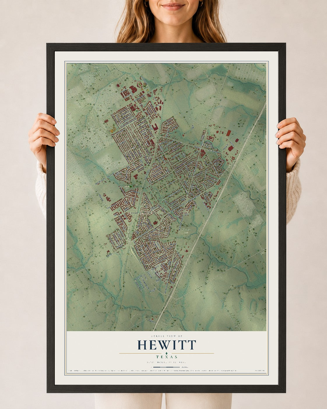 Map of Hewitt, Texas, 24 x 36 inch print in a black wood frame