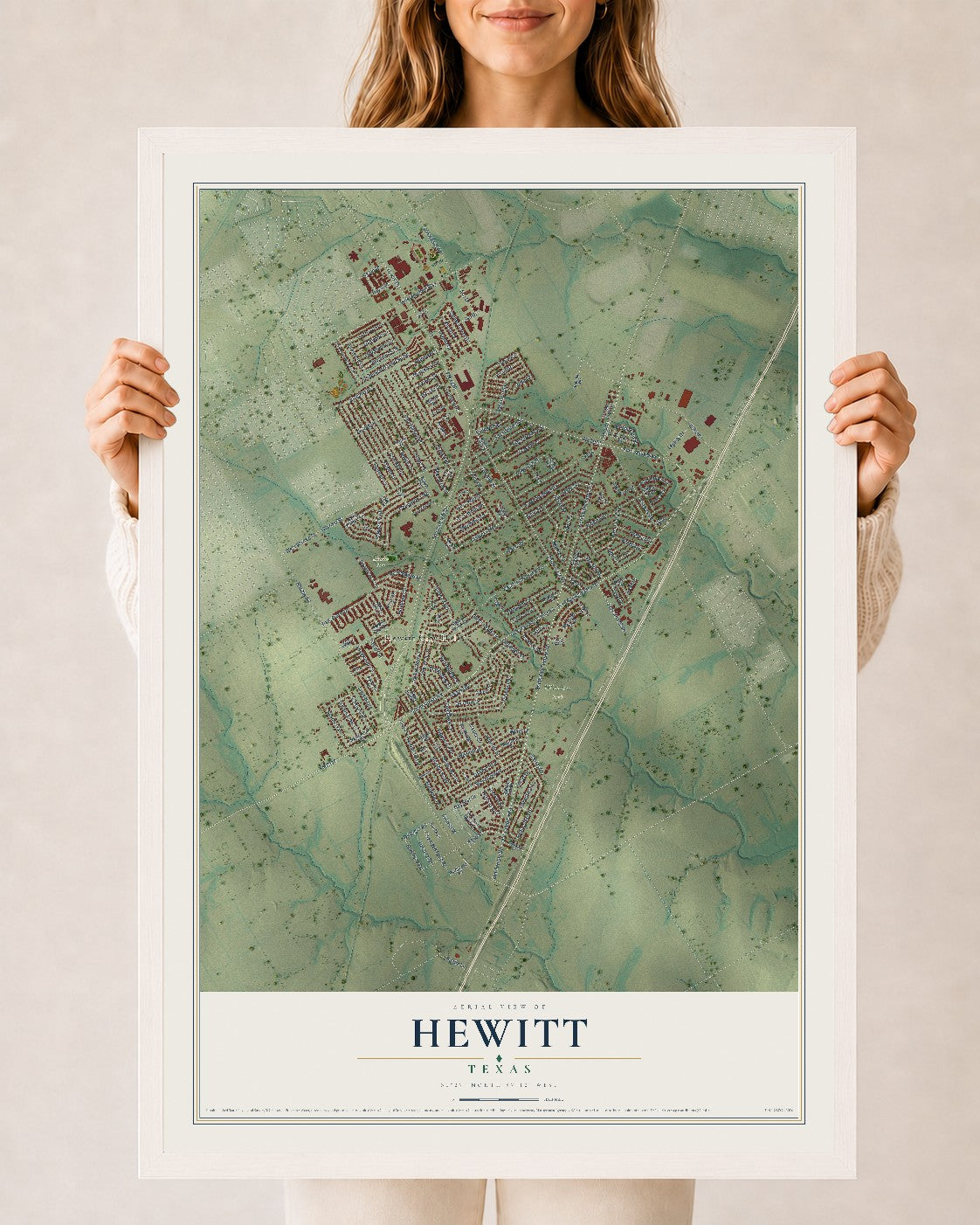 Map of Hewitt, Texas, 24 x 36 inch print in a white wood frame