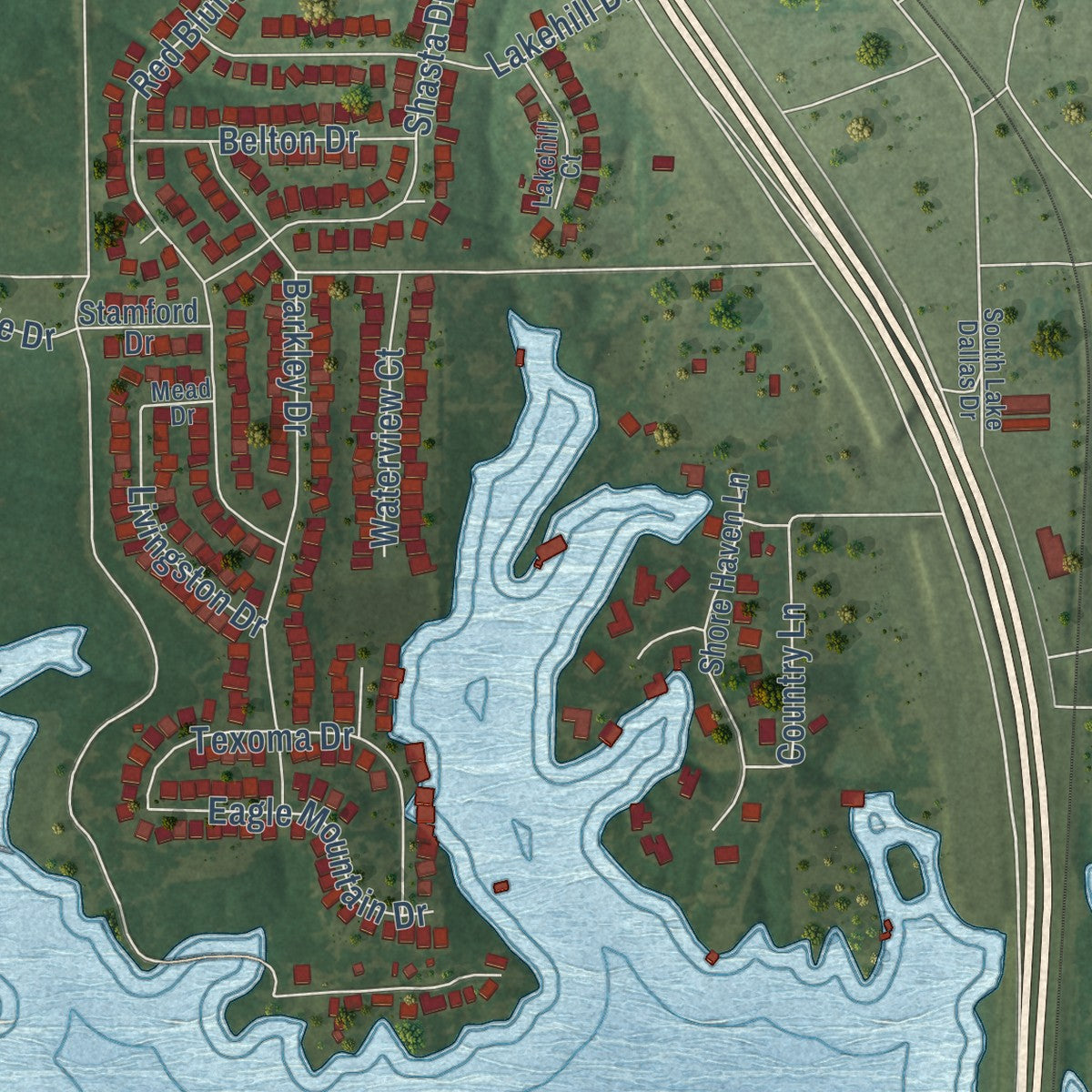 Close-up of the map of Hickory Creek, Texas print showing street and building detail