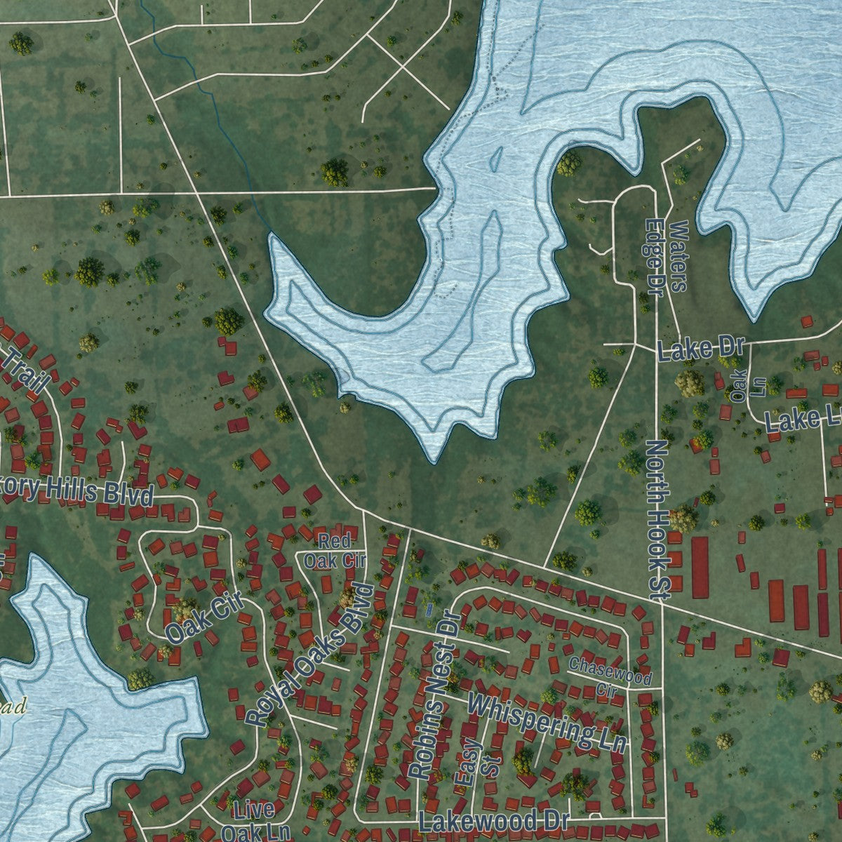 Second close-up of the map of Hickory Creek, Texas print showing more streets and buildings