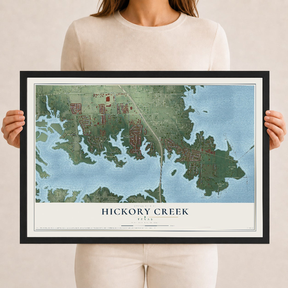 Map of Hickory Creek, Texas, 12 x 18 inch print in a black wood frame