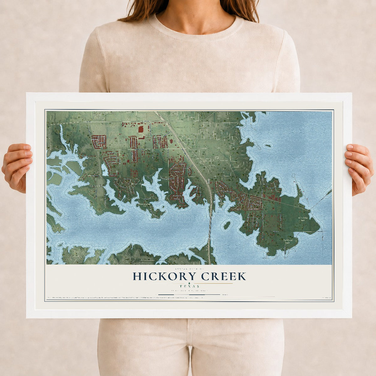 Map of Hickory Creek, Texas, 12 x 18 inch print in a white wood frame