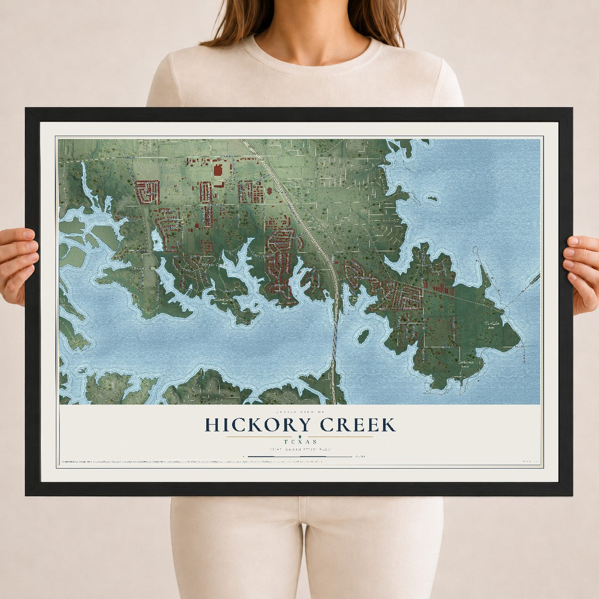 Map of Hickory Creek, Texas, 18 x 24 inch print in a black wood frame