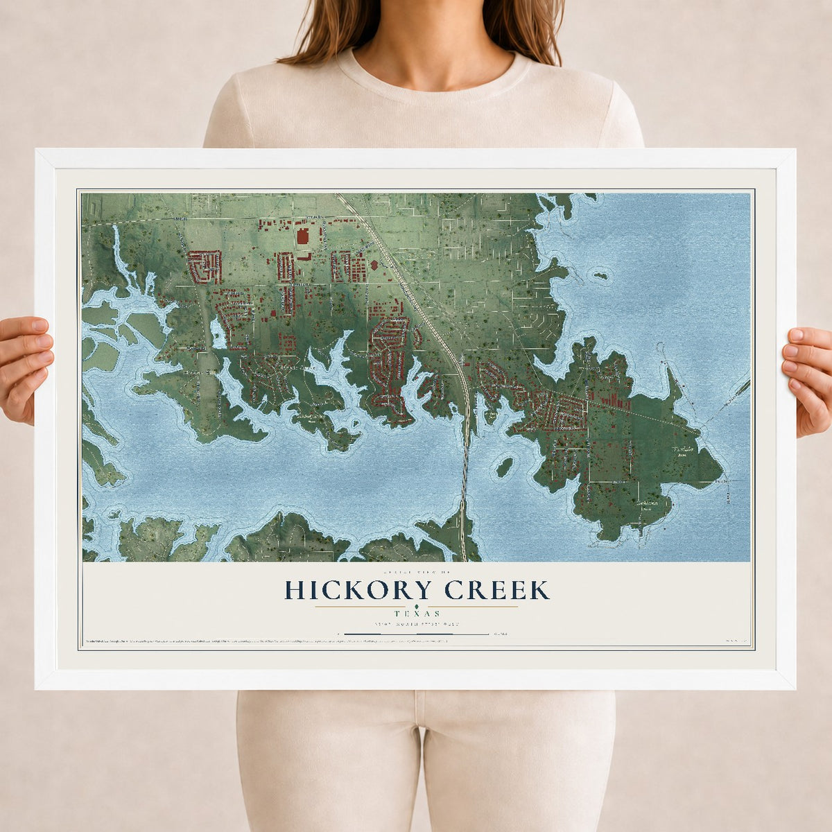 Map of Hickory Creek, Texas, 18 x 24 inch print in a white wood frame
