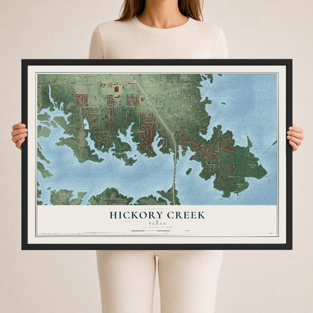 Map of Hickory Creek, Texas, 24 x 36 inch print in a black wood frame