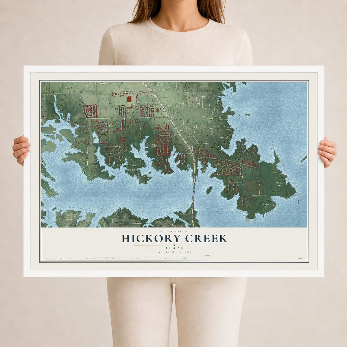 Map of Hickory Creek, Texas, 24 x 36 inch print in a white wood frame