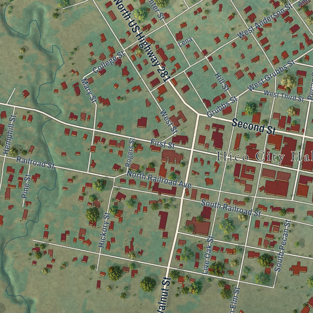 Close-up of the map of Hico, Texas print showing street and building detail