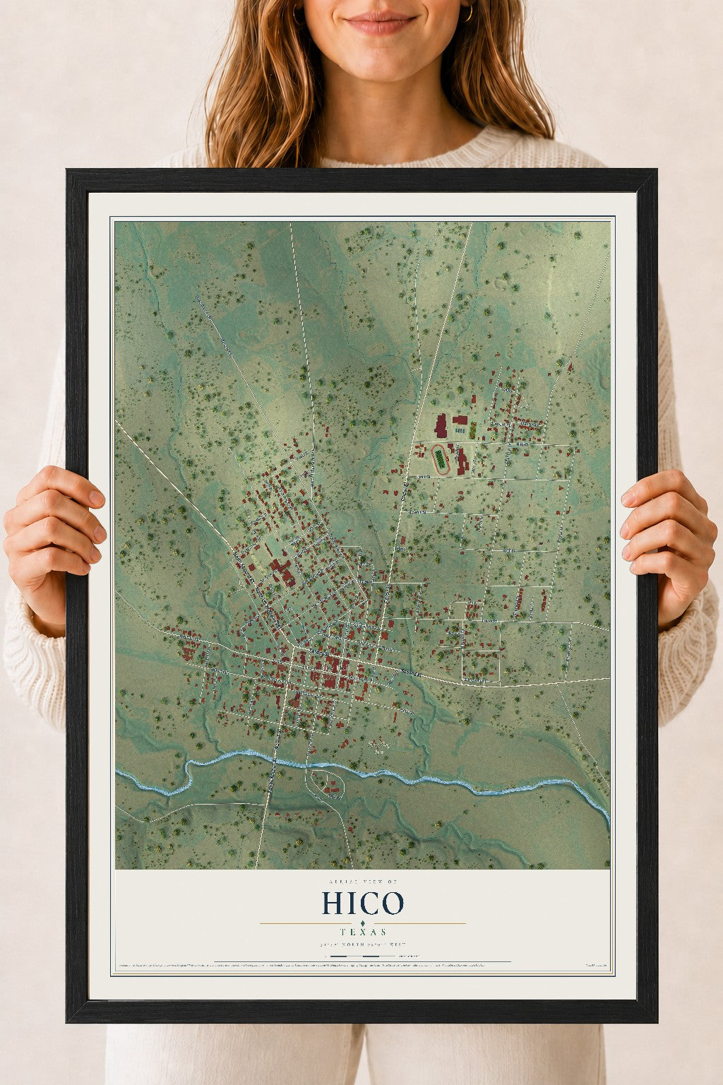 Map of Hico, Texas, 18 x 24 inch print in a black wood frame
