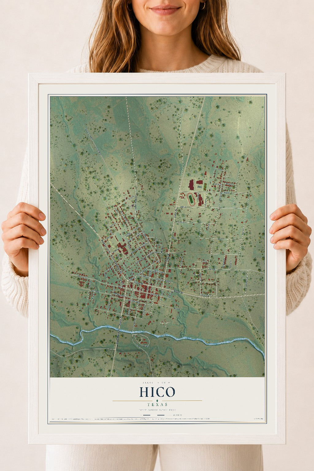Map of Hico, Texas, 18 x 24 inch print in a white wood frame