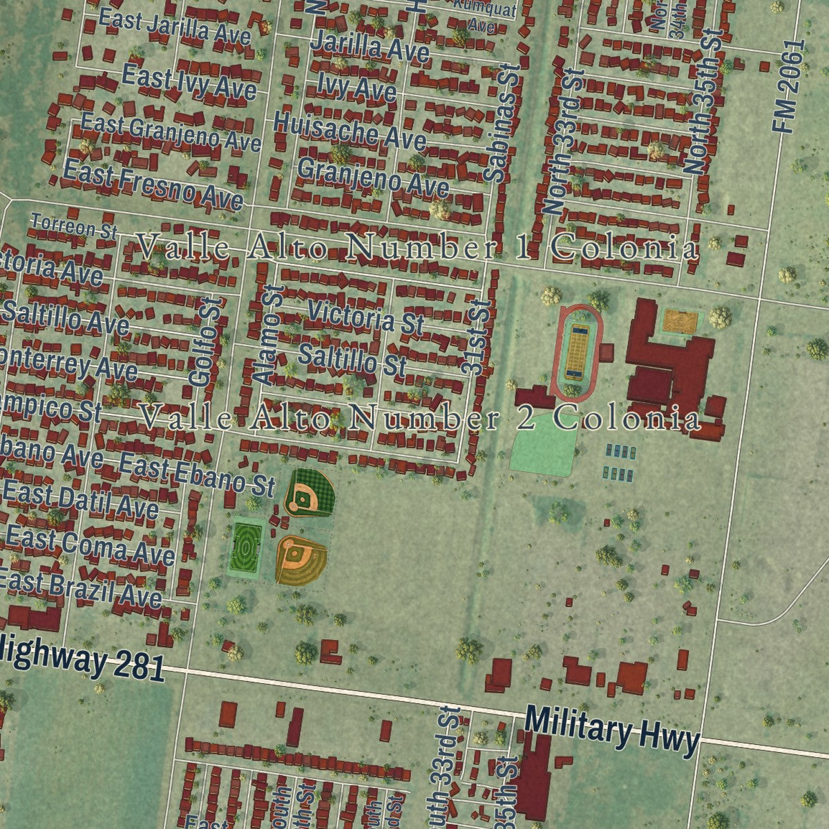 Close-up of the map of Hidalgo, Texas print showing street and building detail