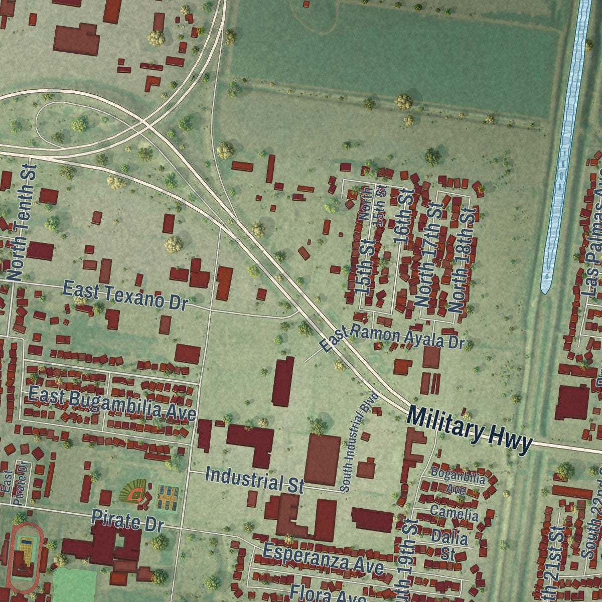 Second close-up of the map of Hidalgo, Texas print showing more streets and buildings