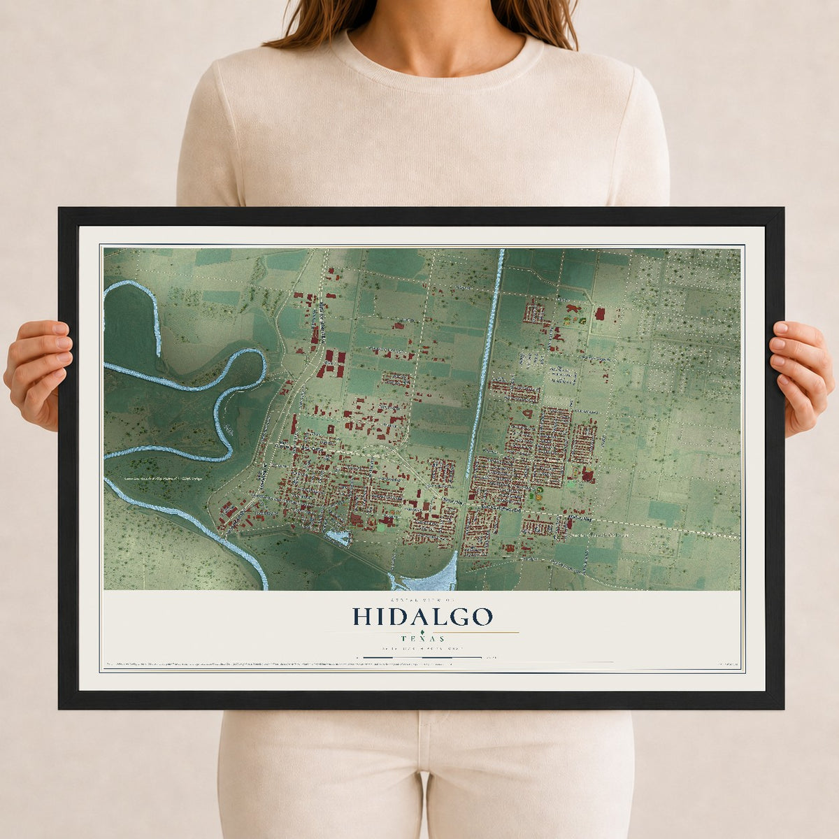 Map of Hidalgo, Texas, 12 x 18 inch print in a black wood frame