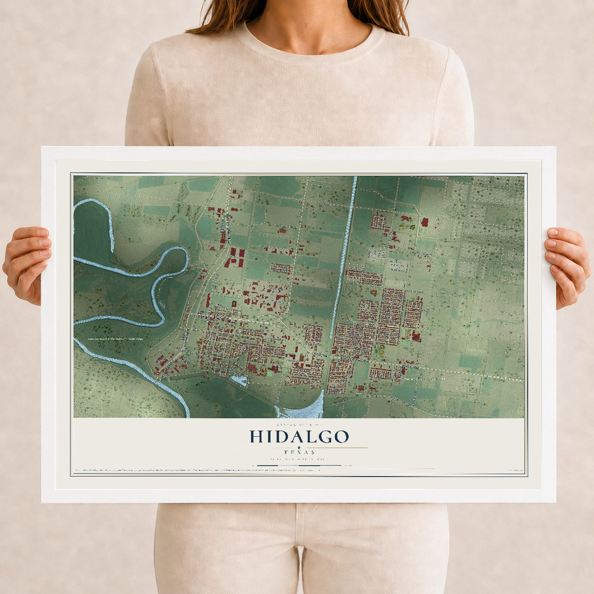 Map of Hidalgo, Texas, 12 x 18 inch print in a white wood frame